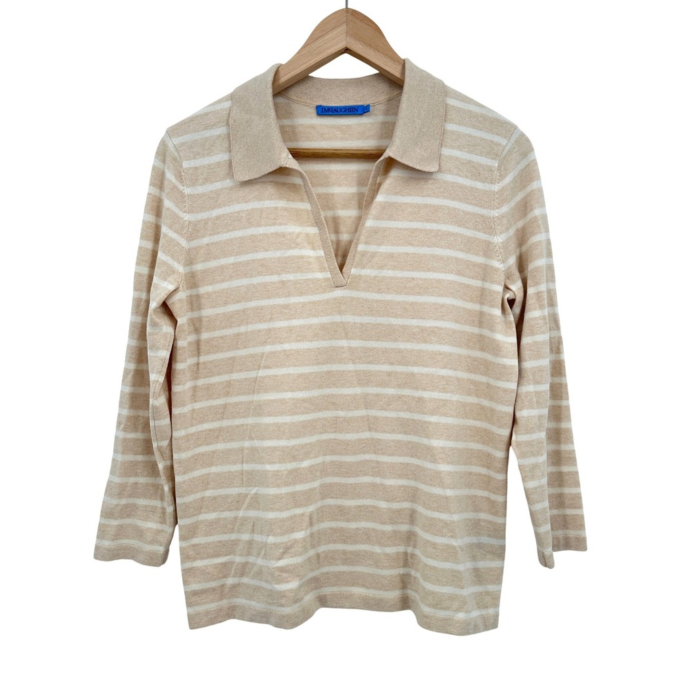 J.McLaughlin Womens Small Beige White Striped Cotton Modal V-Neck Polo Sweater
